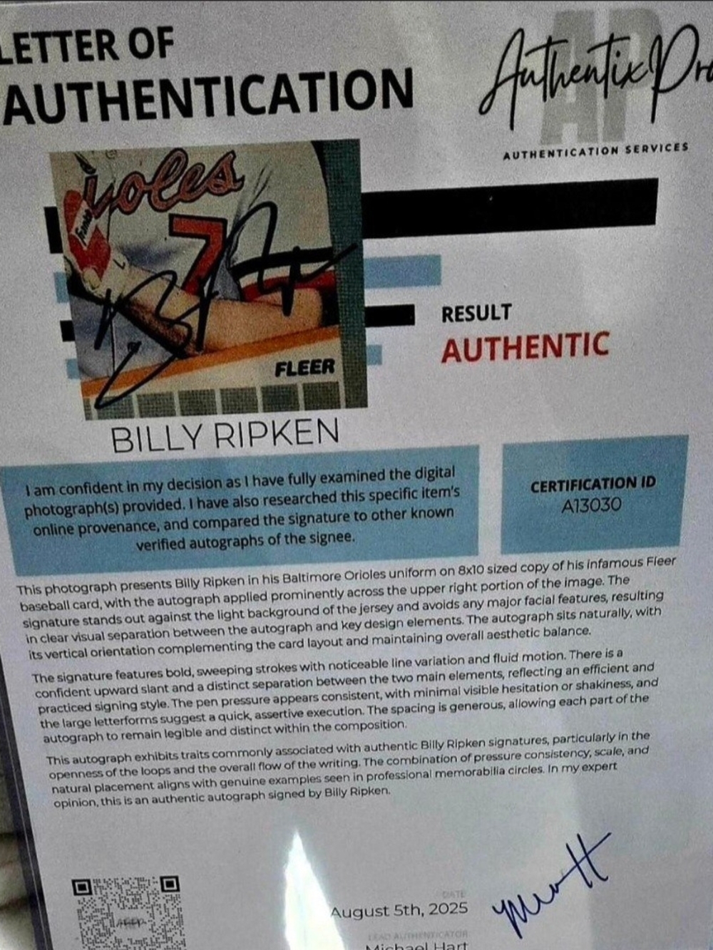 BILLY RIPKEN ERROR 8X10 HAND SIGNED FF PHOTO